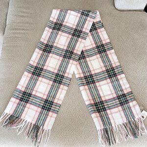 LOFT Outlet Plaid Cream Green Red Pink Fringe Hem Winter Scarf